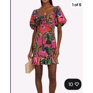 Farm Rio Pink Tropical Painted Toucans Smocked Puff Sleeve Ruffle Mini Dress